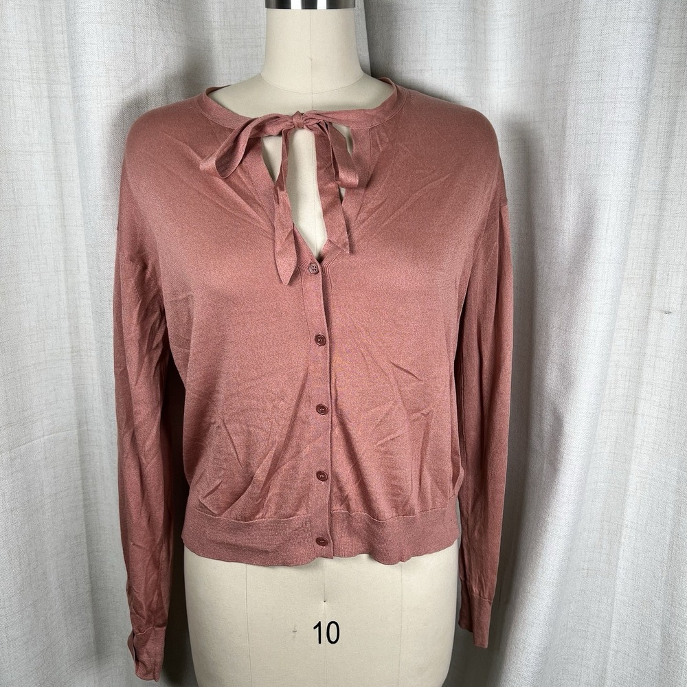 Theory Neck Tie Cardigan Silk Cotton Dusty Rose Pink Medium Button Up Keyhole